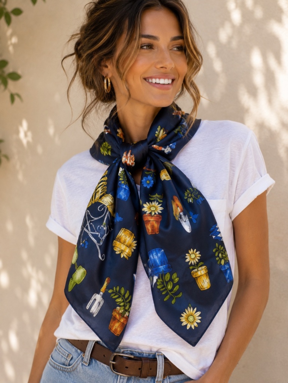 Echo Silk Garden Scarf Navy Blue Topiary Potted Plants Cottagecore Teachercore
